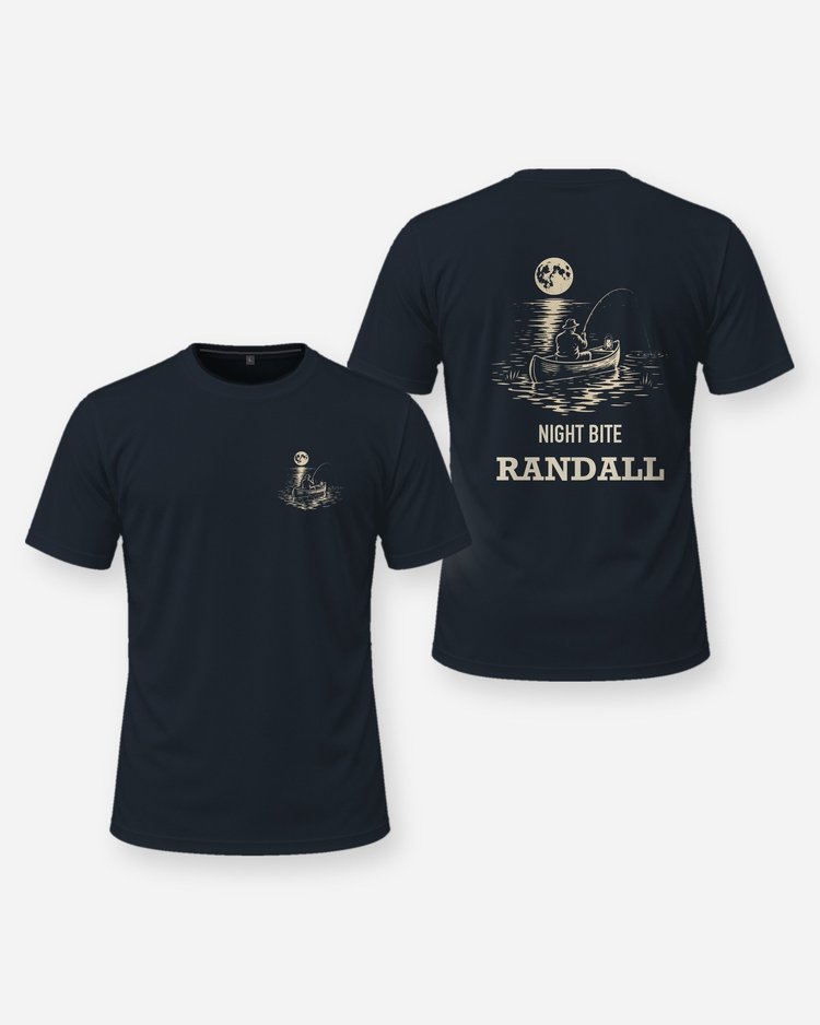 Custom Name Night Bite Moonlit Canoe Fishing Woodcut Shirt - front and back