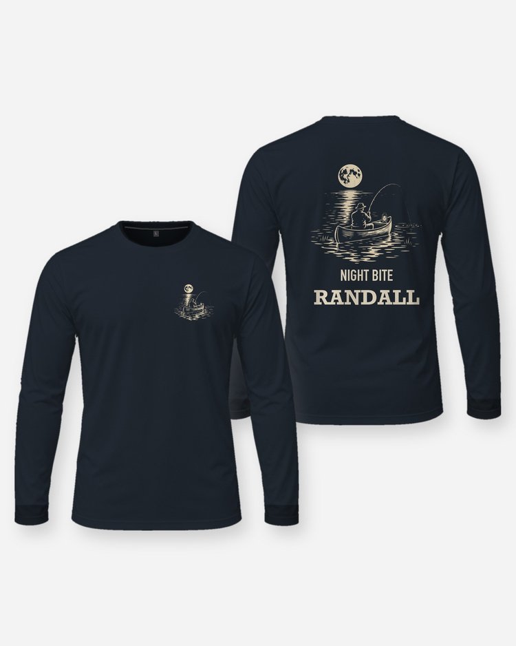 Custom Name Night Bite Moonlit Canoe Fishing Woodcut Shirt - Long Sleeve