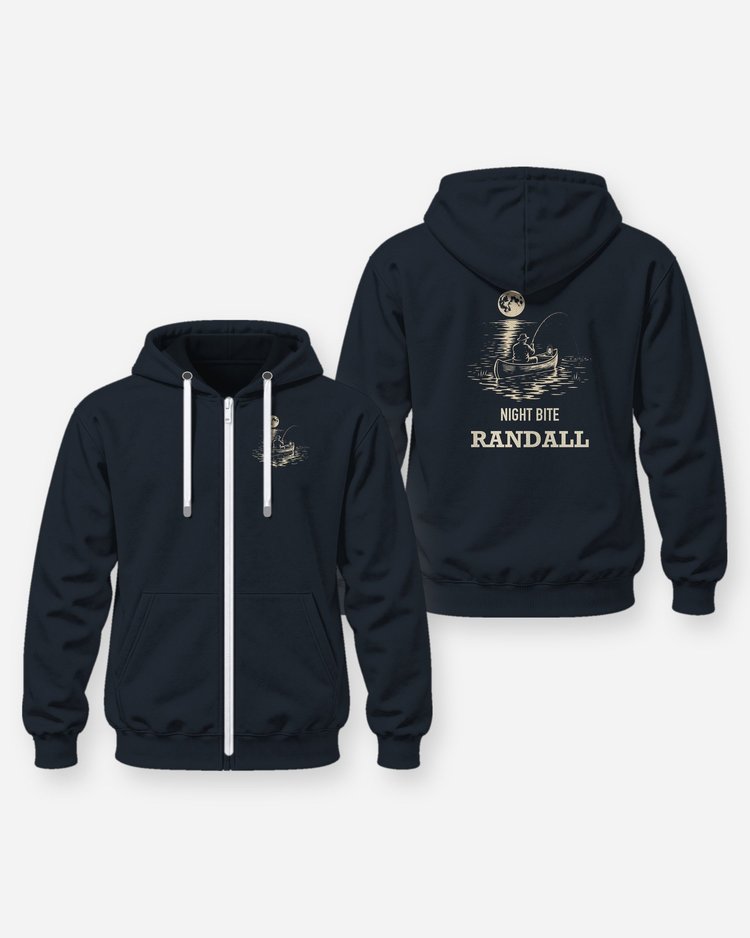 Custom Name Night Bite Moonlit Canoe Fishing Woodcut Shirt - Zip Hoodie