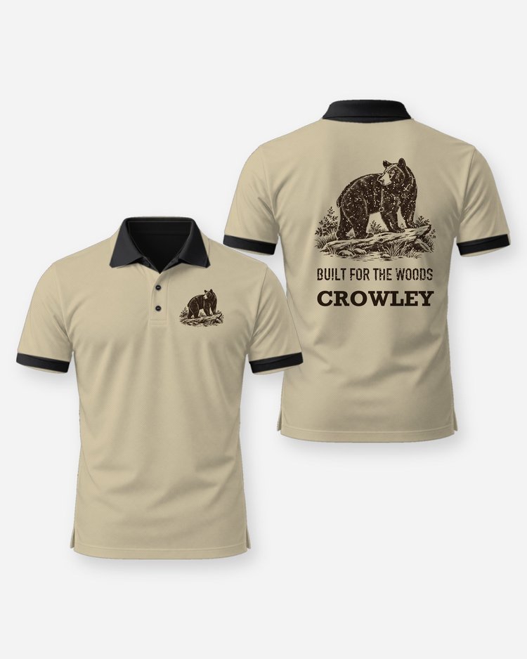 Custom Name Built For The Woods Black Bear Woodcut Shirt - Polo