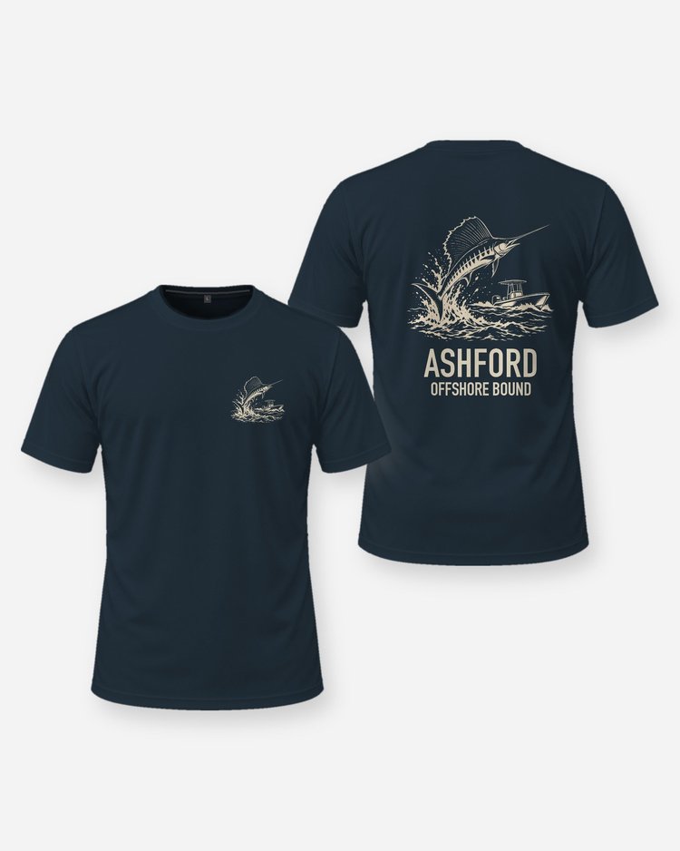 Custom Family Name Offshore Bound Sailfish Woodcut Shirt - front and back