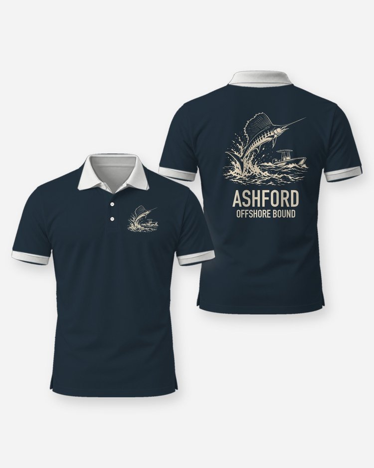 Custom Family Name Offshore Bound Sailfish Woodcut Shirt - Polo