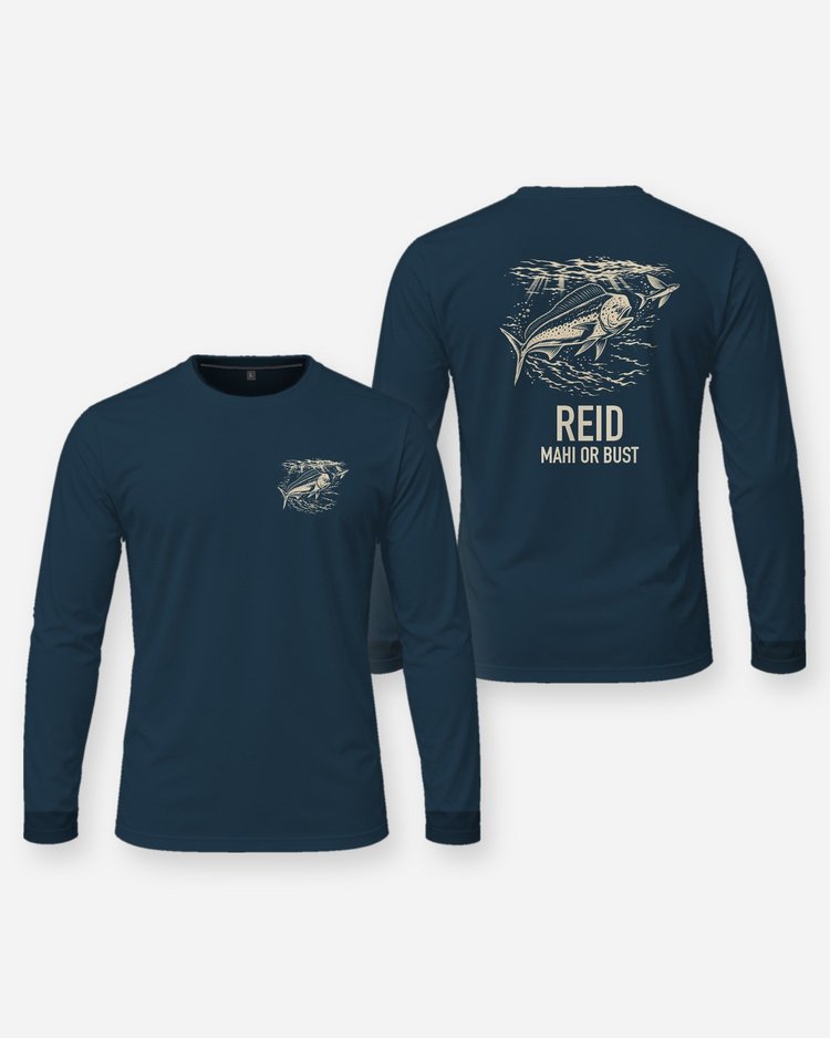 Custom Family Name Mahi Or Bust Mahi-Mahi Woodcut Shirt - Long Sleeve
