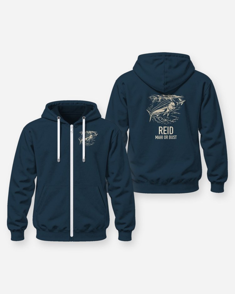 Custom Family Name Mahi Or Bust Mahi-Mahi Woodcut Shirt - Zip Hoodie
