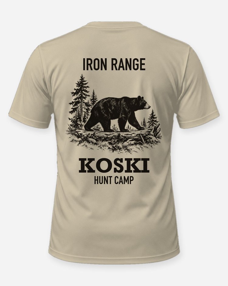 Iron Range Custom Name Hunt Camp Black Bear Woodcut Shirt - back