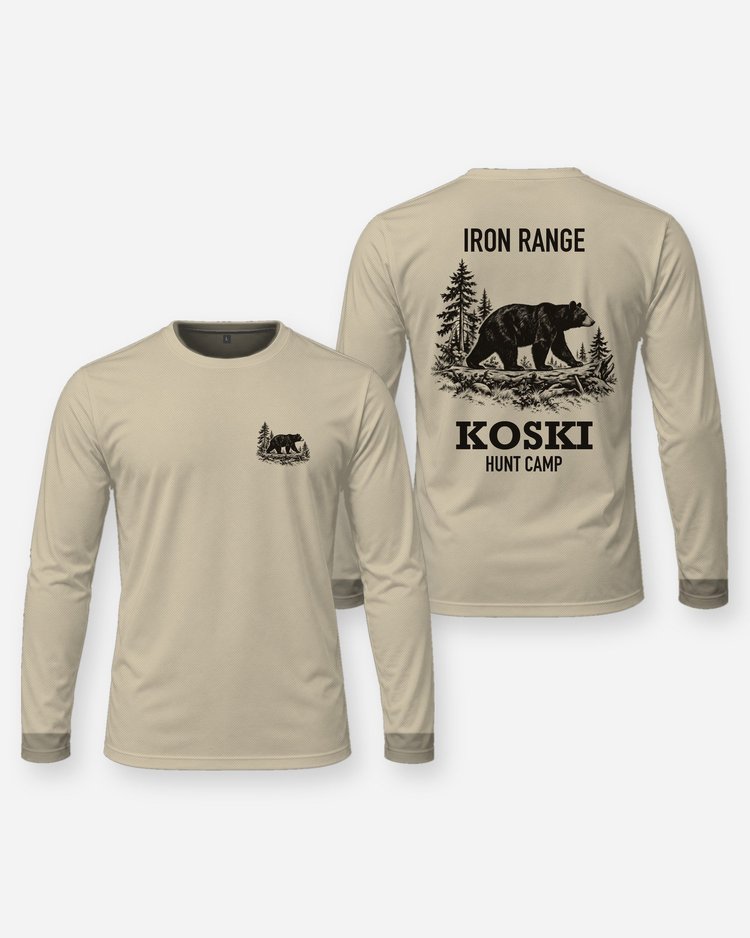 Iron Range Custom Name Hunt Camp Black Bear Woodcut Shirt - Long Sleeve