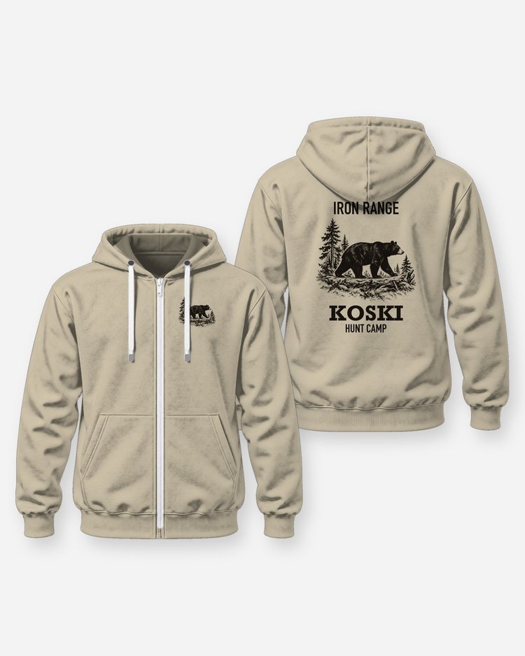 Iron Range Custom Name Hunt Camp Black Bear Woodcut Shirt - Zip Hoodie