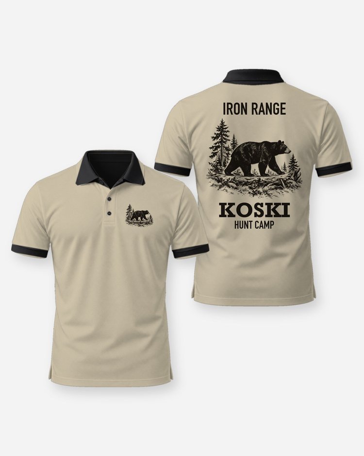 Iron Range Custom Name Hunt Camp Black Bear Woodcut Shirt - Polo