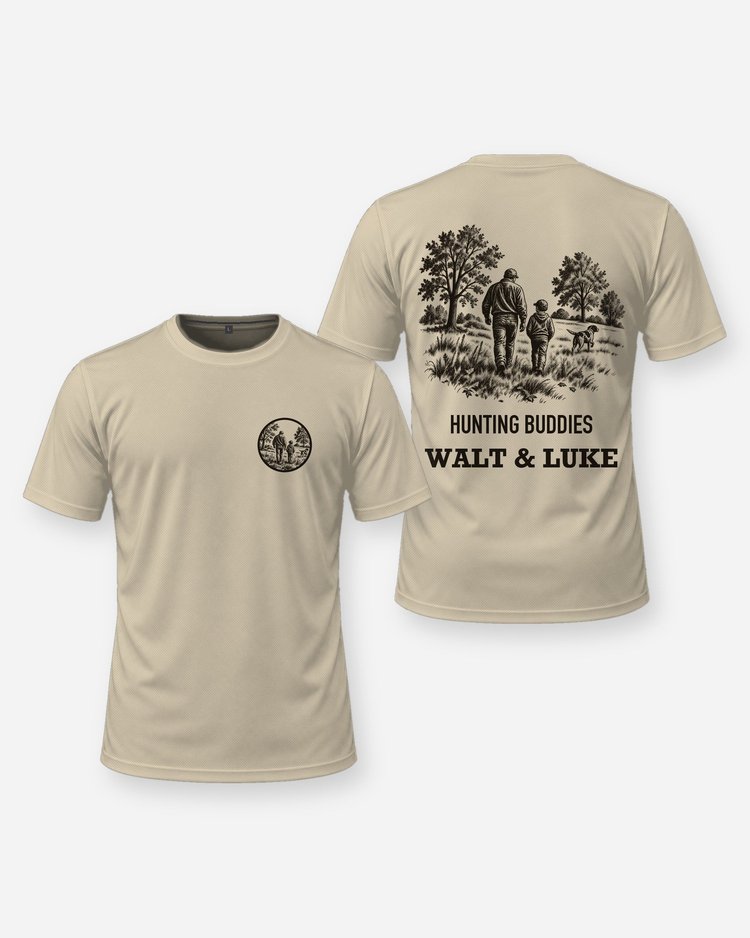Hunting Buddies Custom Names Man Boy and Dog Field Woodcut Shirt - front and back