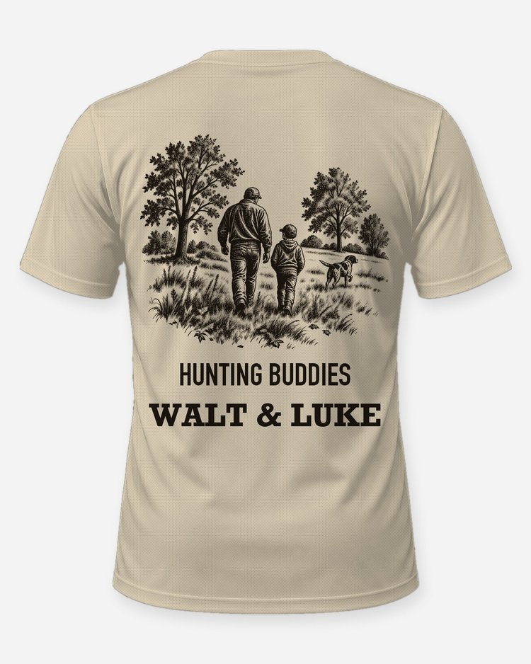 Hunting Buddies Custom Names Man Boy and Dog Field Woodcut Shirt - back