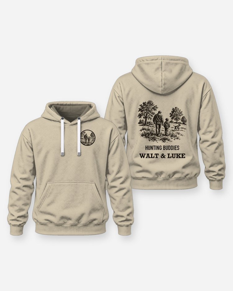 Hunting Buddies Custom Names Man Boy and Dog Field Woodcut Shirt - Hoodie