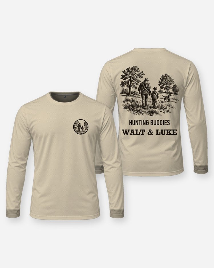 Hunting Buddies Custom Names Man Boy and Dog Field Woodcut Shirt - Long Sleeve
