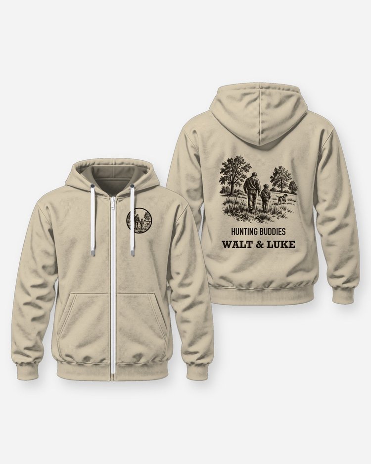 Hunting Buddies Custom Names Man Boy and Dog Field Woodcut Shirt - Zip Hoodie