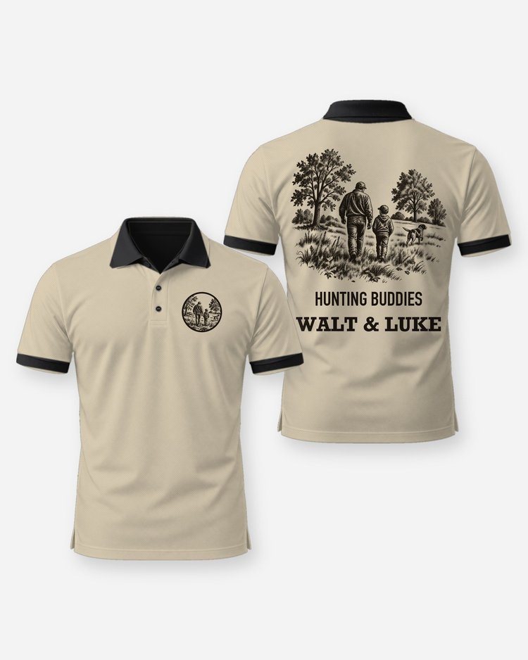 Hunting Buddies Custom Names Man Boy and Dog Field Woodcut Shirt - Polo