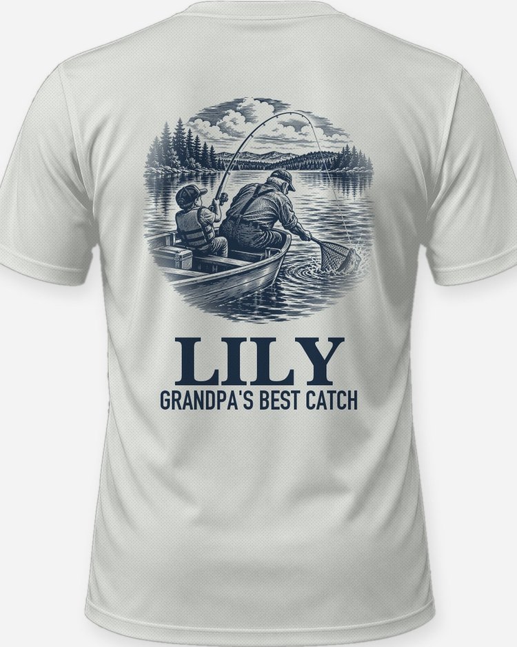 Custom Grandkid Name Grandpa's Best Catch Fishing Shirt - print close-up