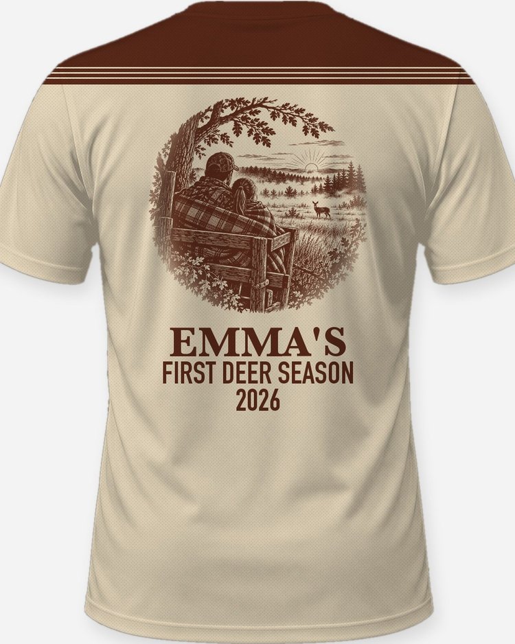 Custom Kid Name First Deer Season Dad and Daughter Sunrise Shirt - print close-up