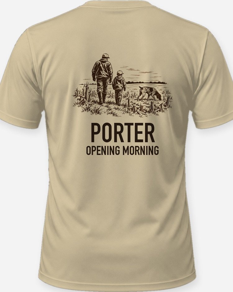Custom Family Name Opening Morning Bird Hunt Woodcut Shirt - print close-up