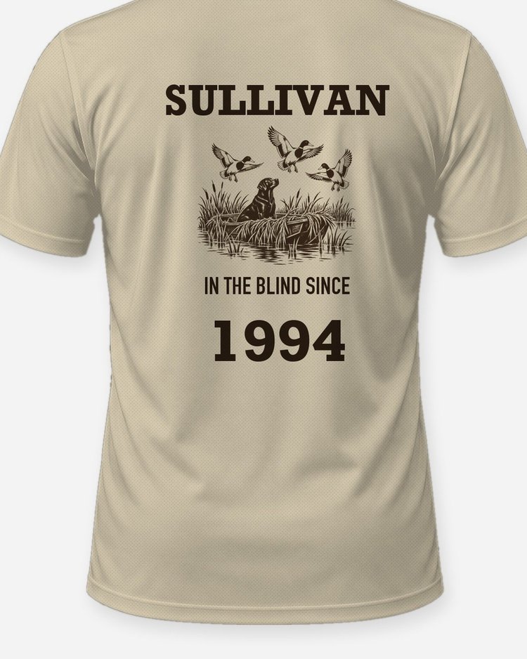 Custom Name And Year In The Blind Since Black Lab Duck Shirt - print close-up