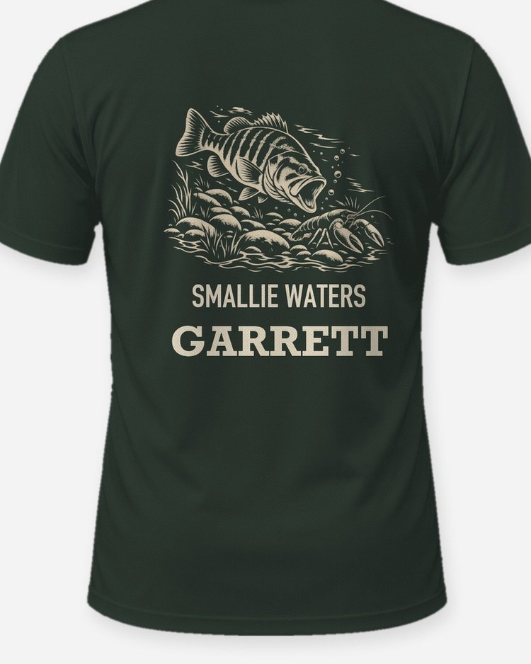 Custom Name Smallie Waters Smallmouth Bass Woodcut Shirt - print close-up