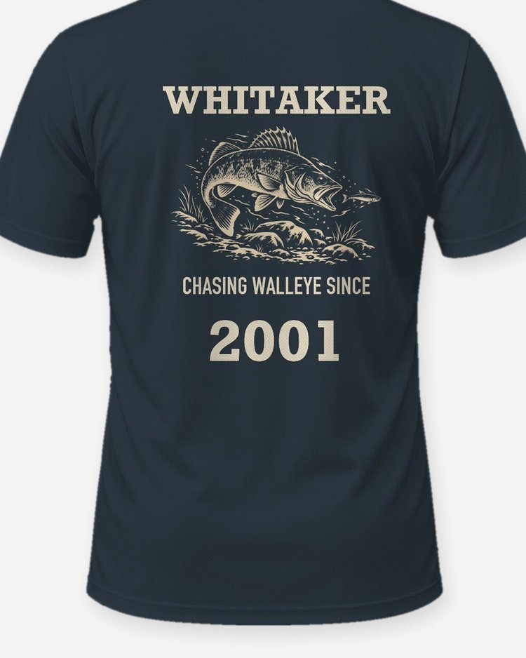 Custom Name And Year Chasing Walleye Since Woodcut Fishing Shirt - print close-up