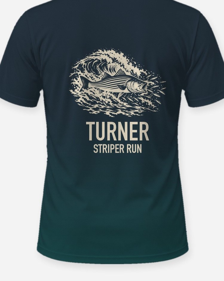 Custom Family Name Striper Run Striped Bass Surf Woodcut Shirt - print close-up