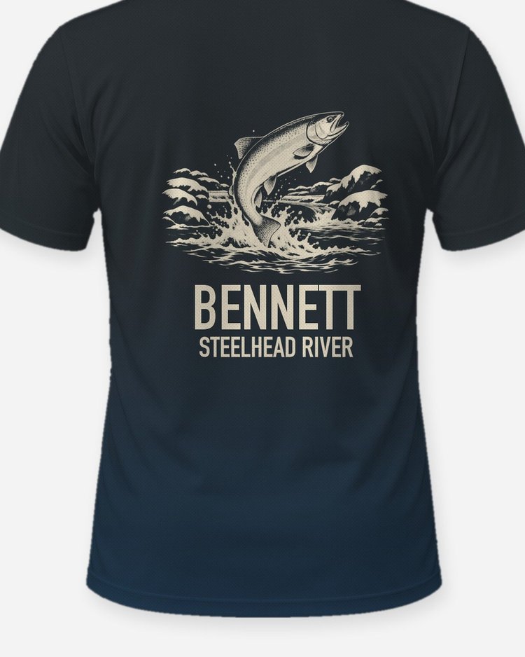Custom Family Name Steelhead River Winter Woodcut Shirt - print close-up