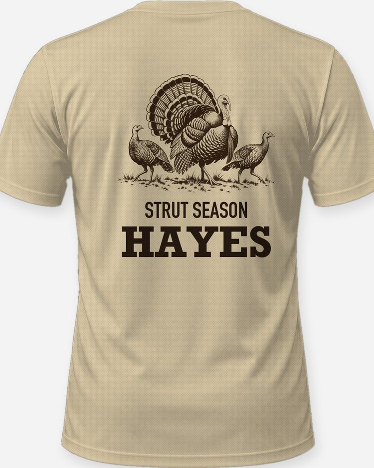 Custom Name Strut Season Gobbler And Hens Woodcut Shirt - print close-up