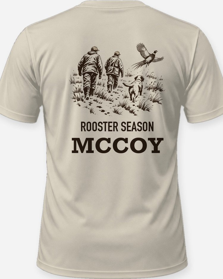 Custom Name Rooster Season Late Pheasant Hunt Woodcut Shirt - print close-up