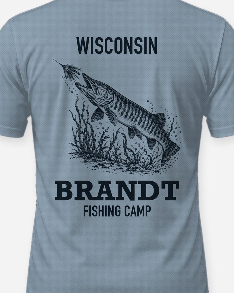 Wisconsin Custom Name Fishing Camp Muskie Woodcut Shirt - print close-up