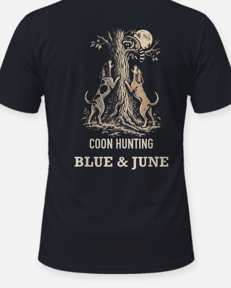 Custom Dog Names Coon Hunting Hounds Treed Woodcut Shirt - print close-up