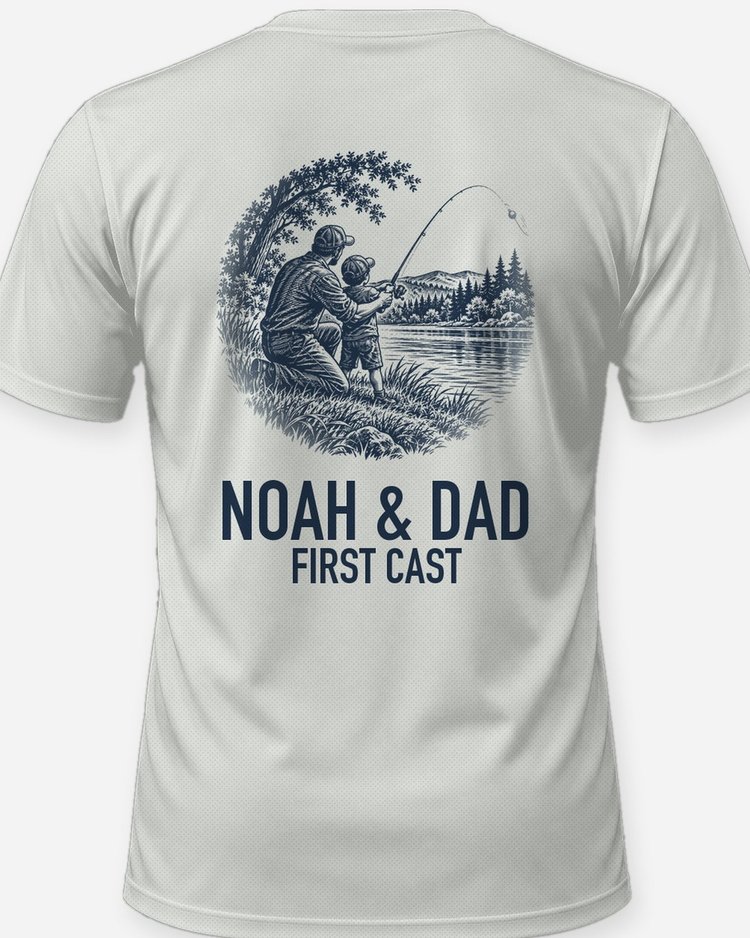 Custom Kid Name And Dad First Cast Fishing Shirt - print close-up