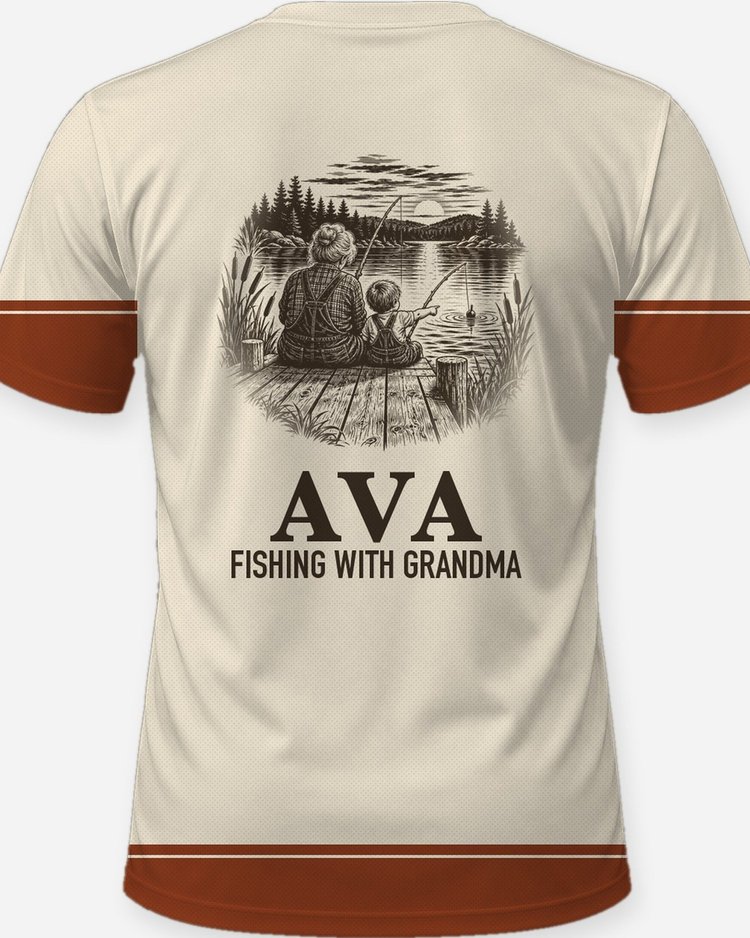 Custom Grandkid Name Fishing With Grandma Dock Shirt - print close-up