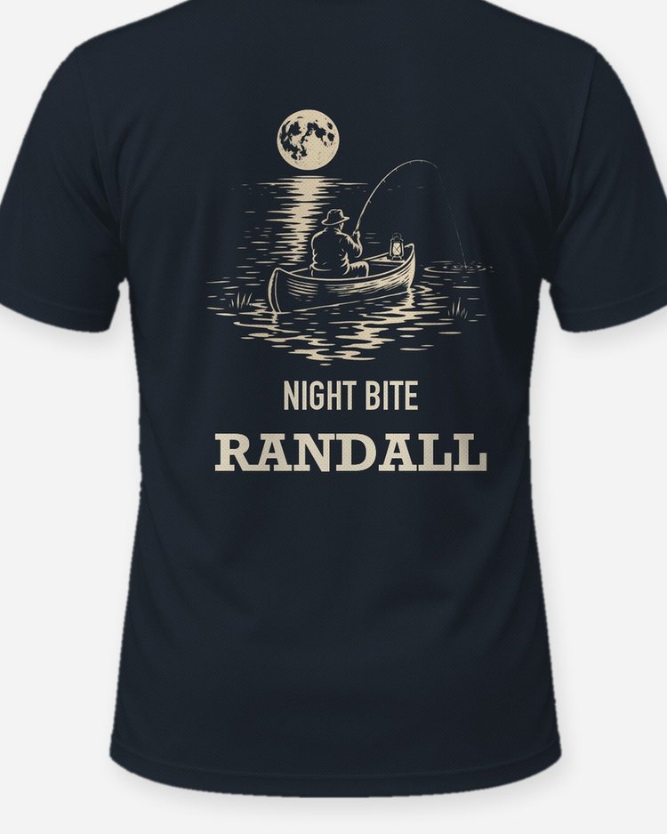 Custom Name Night Bite Moonlit Canoe Fishing Woodcut Shirt - print close-up