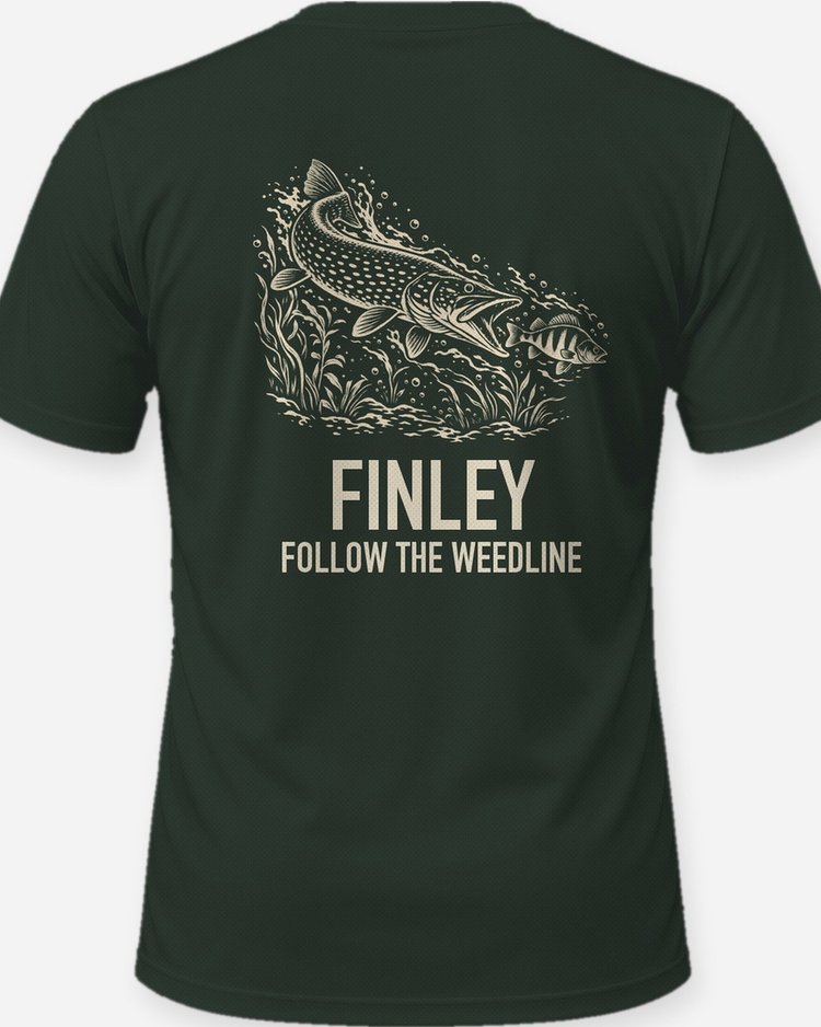 Custom Family Name Follow The Weedline Northern Pike Woodcut Shirt - print close-up