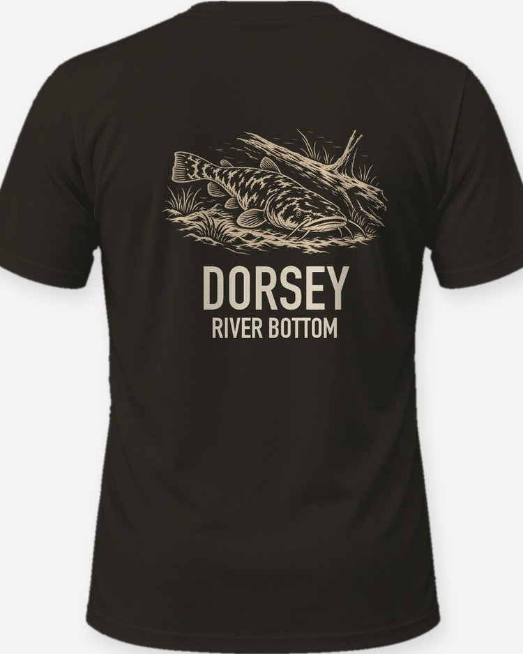 Custom Family Name River Bottom Flathead Catfish Woodcut Shirt - print close-up
