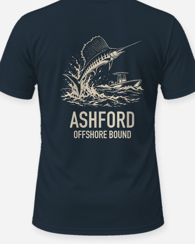 Custom Family Name Offshore Bound Sailfish Woodcut Shirt - print close-up