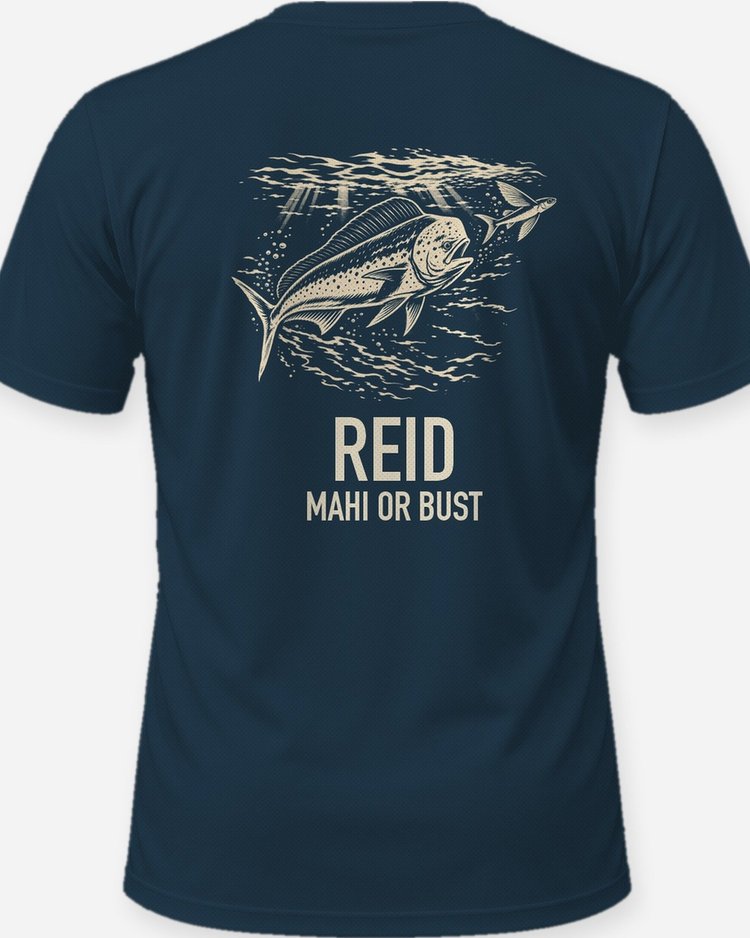 Custom Family Name Mahi Or Bust Mahi-Mahi Woodcut Shirt - print close-up