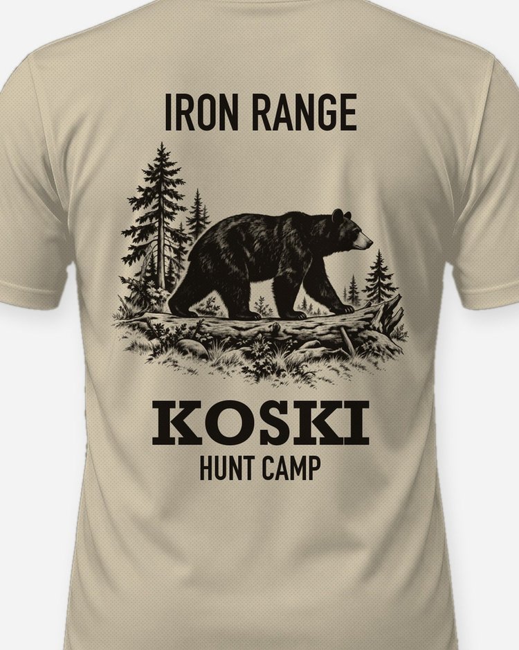 Iron Range Custom Name Hunt Camp Black Bear Woodcut Shirt - print close-up