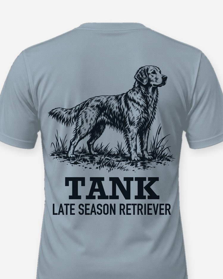 Custom Dog Name Late Season Retriever Marsh Woodcut Shirt - print close-up