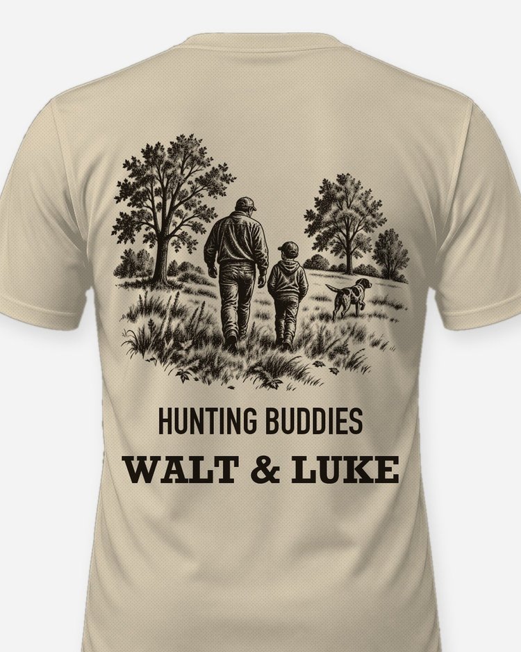 Hunting Buddies Custom Names Man Boy and Dog Field Woodcut Shirt - print close-up
