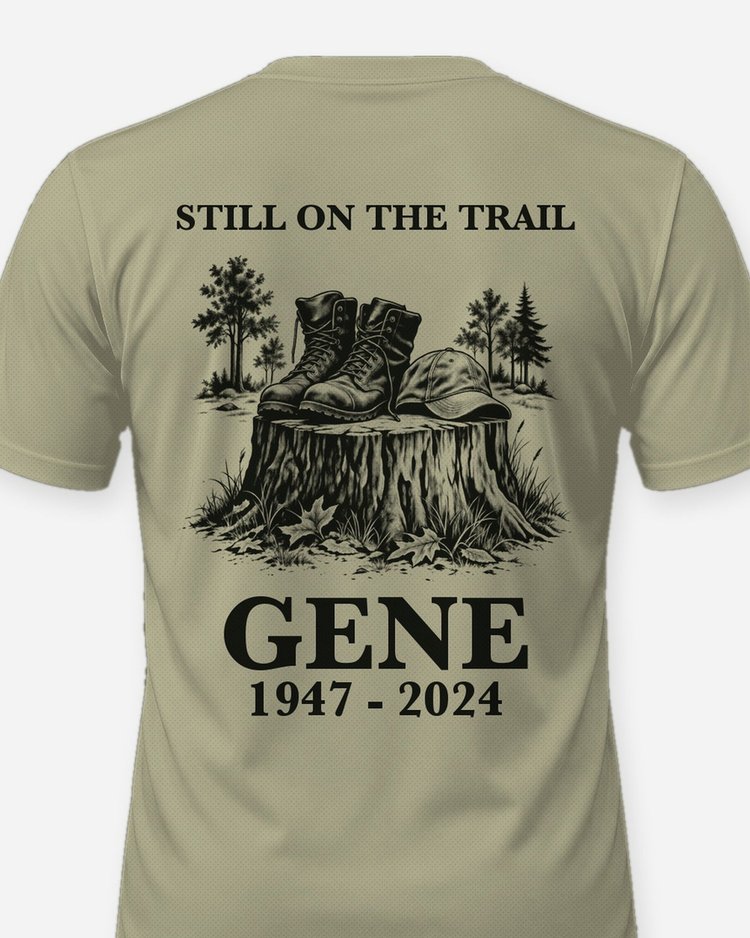 Still On The Trail Custom Name Memorial Hunting Boots Shirt - print close-up