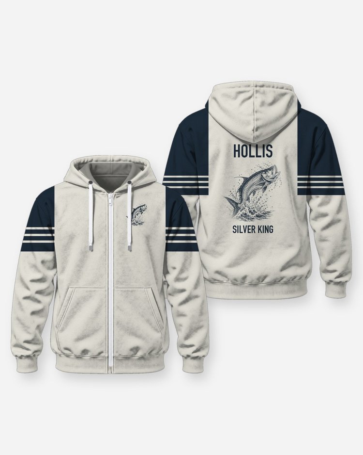 Custom Name Silver King Tarpon Jump Fishing Shirt - Zip Hoodie