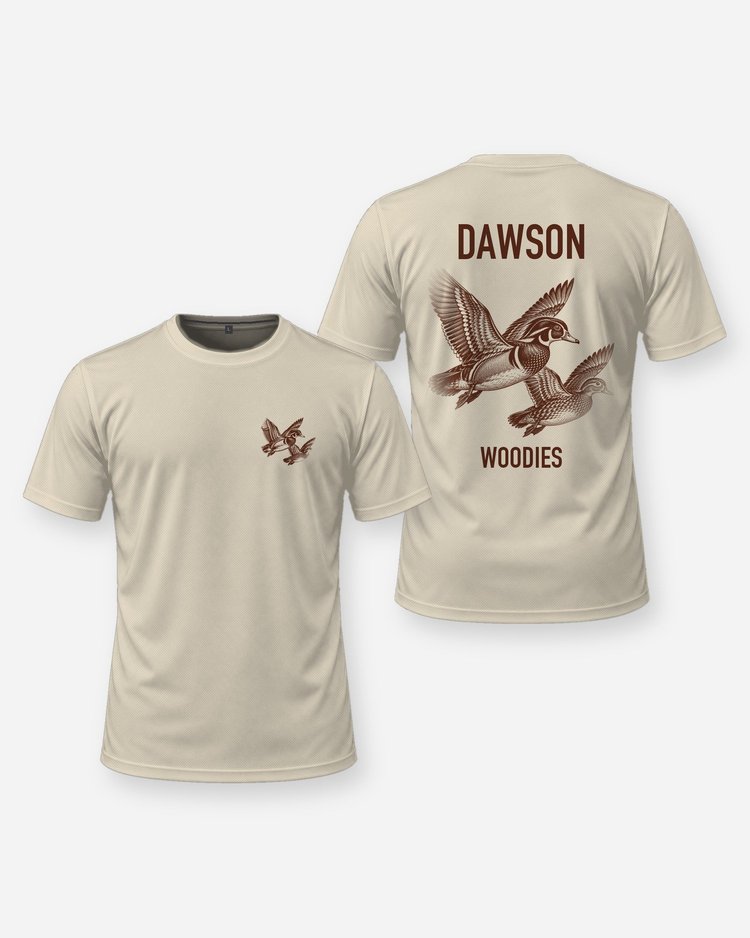 Custom Name Wood Duck Pair In Flight Hunting Shirt - front and back
