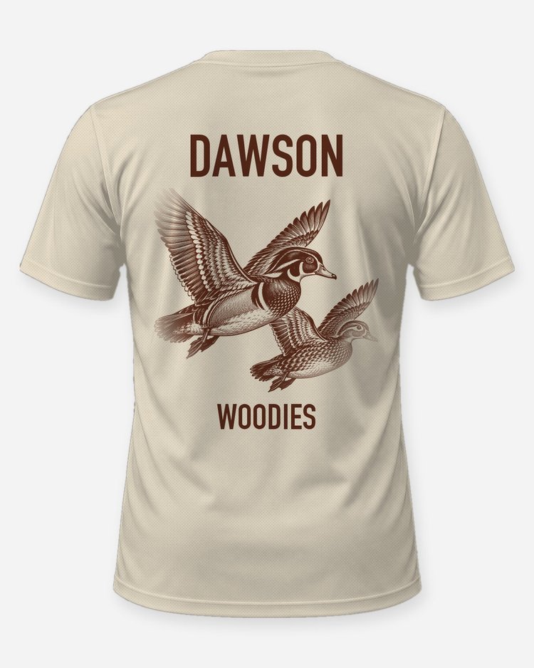 Custom Name Wood Duck Pair In Flight Hunting Shirt - back