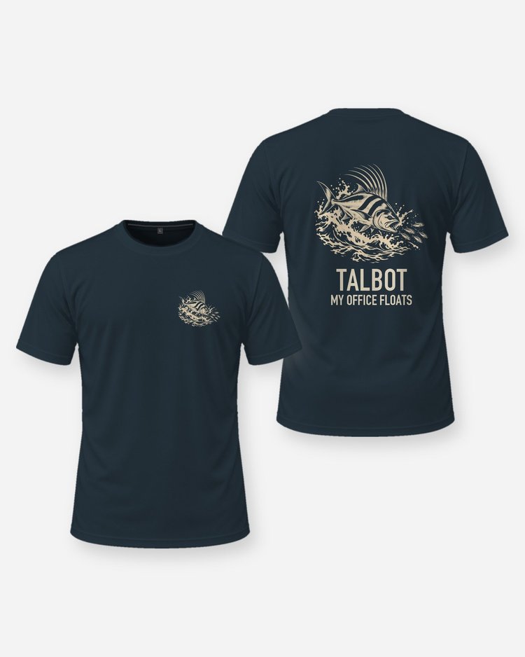Custom Family Name My Office Floats Roosterfish Woodcut Shirt - front and back