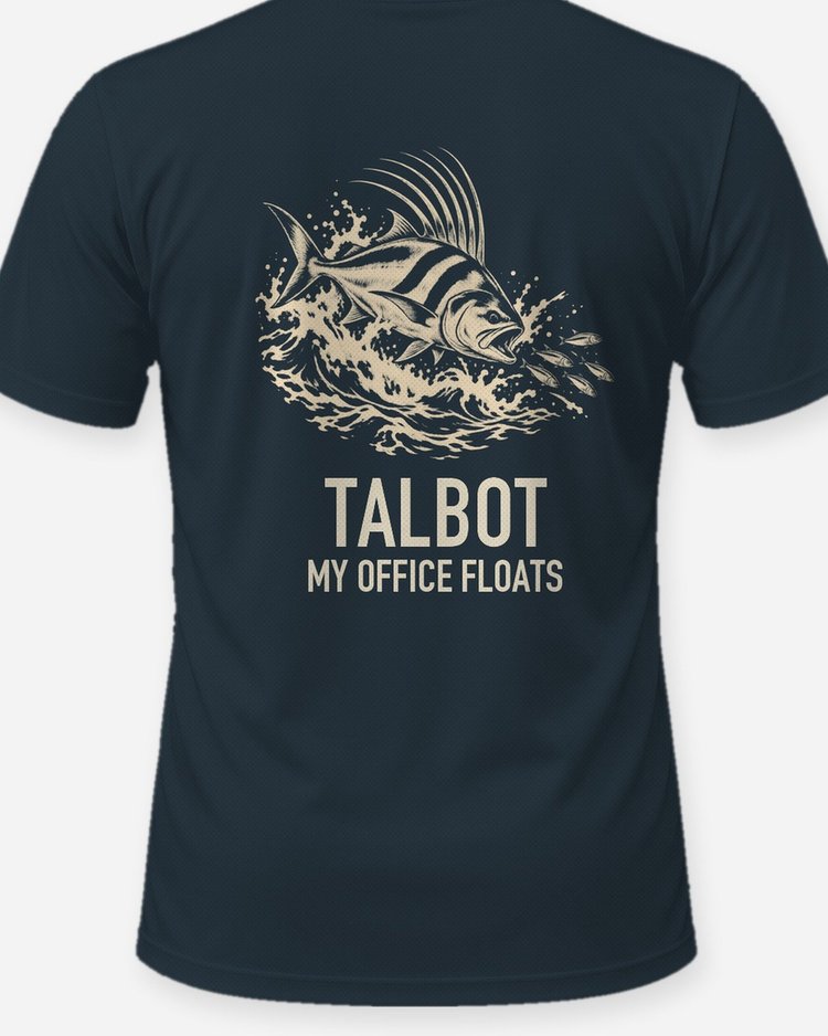 Custom Family Name My Office Floats Roosterfish Woodcut Shirt - print close-up