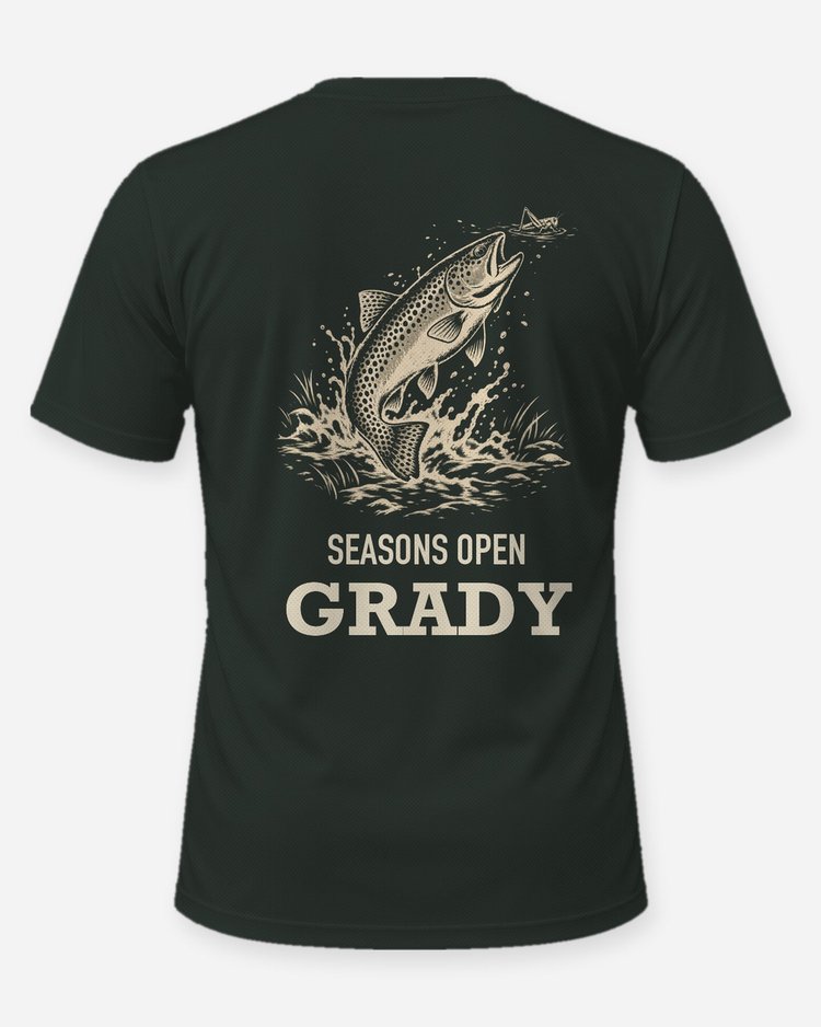 Custom Name Seasons Open Spotted Trout Hopper Woodcut Shirt - back