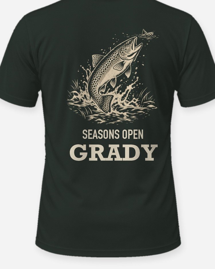 Custom Name Seasons Open Spotted Trout Hopper Woodcut Shirt - print close-up