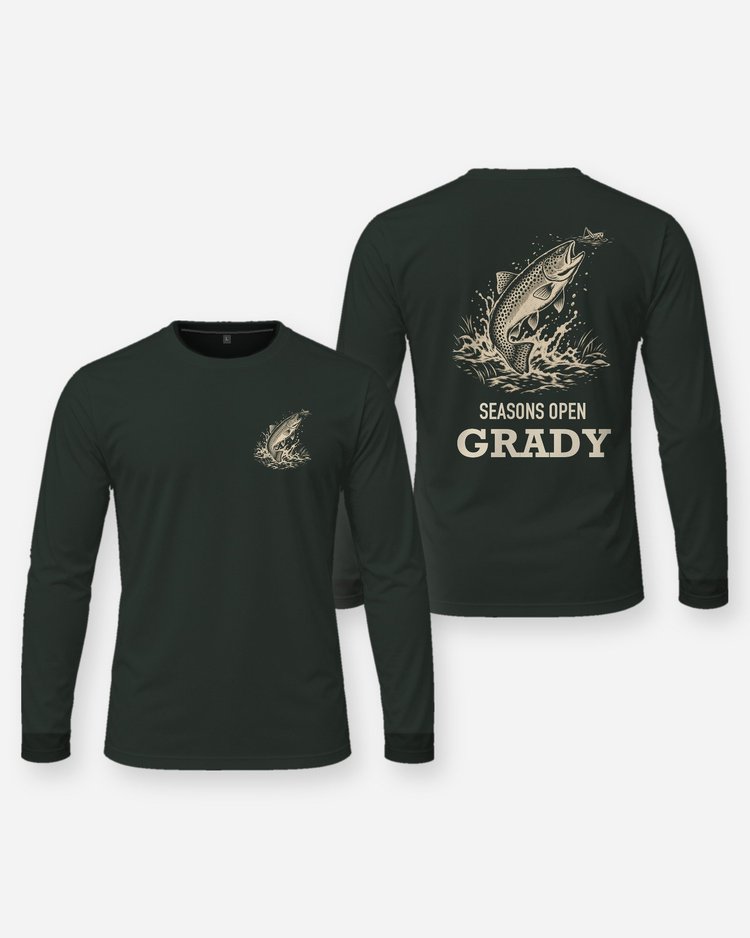Custom Name Seasons Open Spotted Trout Hopper Woodcut Shirt - Long Sleeve