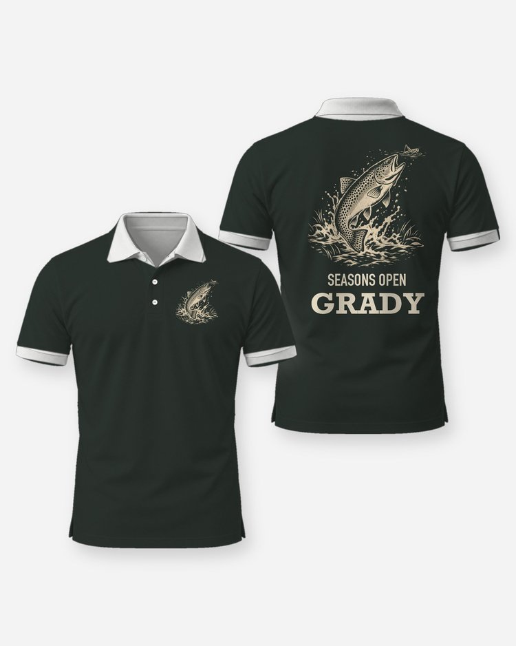 Custom Name Seasons Open Spotted Trout Hopper Woodcut Shirt - Polo
